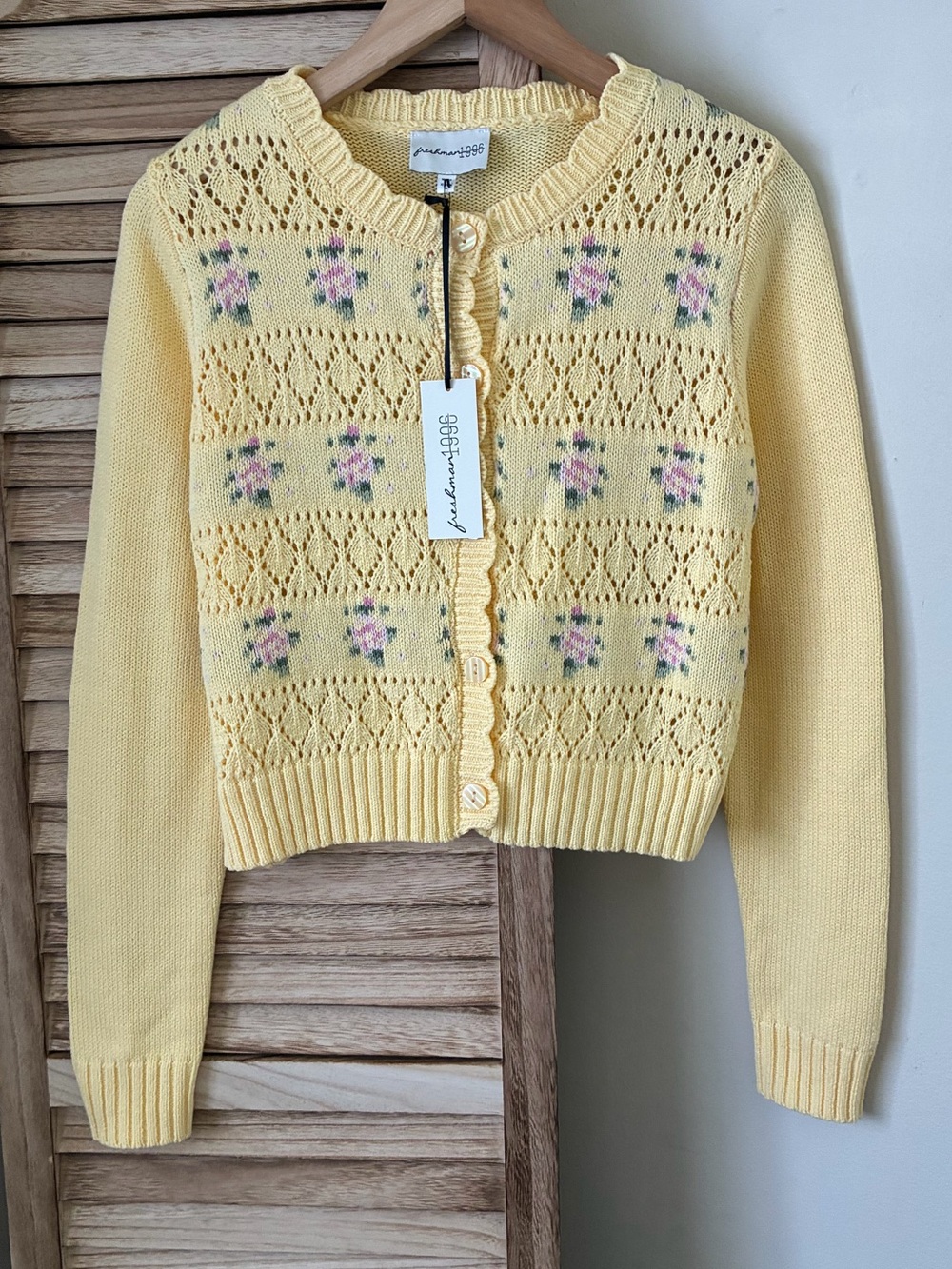 Freshman 1996 Cottagecore Yellow Floral Pointelle Knit Cardigan Sweater NWT M